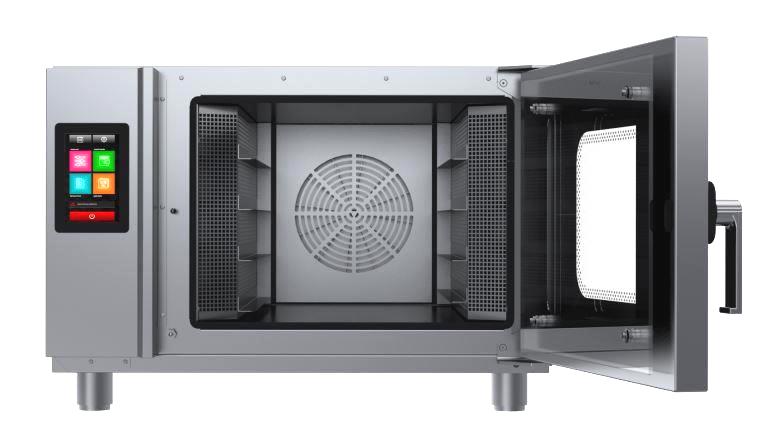 forno professionale Vento 4 teglie 40x60 touch screen forno a convezione professionale con umidità per laboratori di pasticceria medio grandi o piccole panetterie, per supermercati, molto robusto, progettato a resistere nel tempo per usufruire cotture impeccabile per lungo tempo per pasticceria fresca, panetteria, pasticceria congelata, per impasti leggeri, bignè, panettone, macarons, choux a la creme