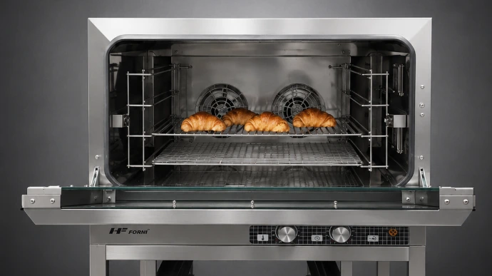 Croissant su teglie 600x400 in forno professionale per pasticceria